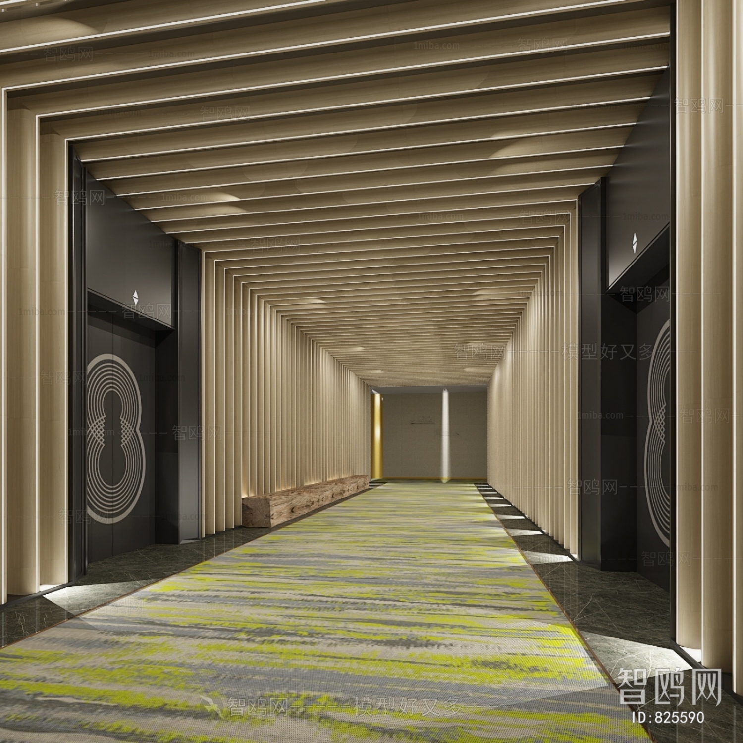 现代酒店会所走廊电梯厅3d模型下载