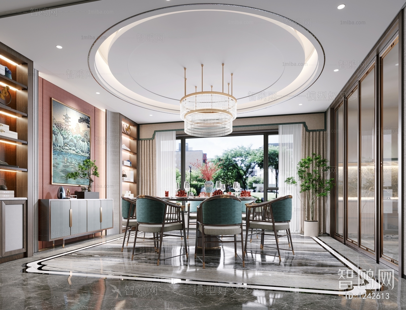 多场景-新中式挑空别墅客厅 餐厅3d模型下载