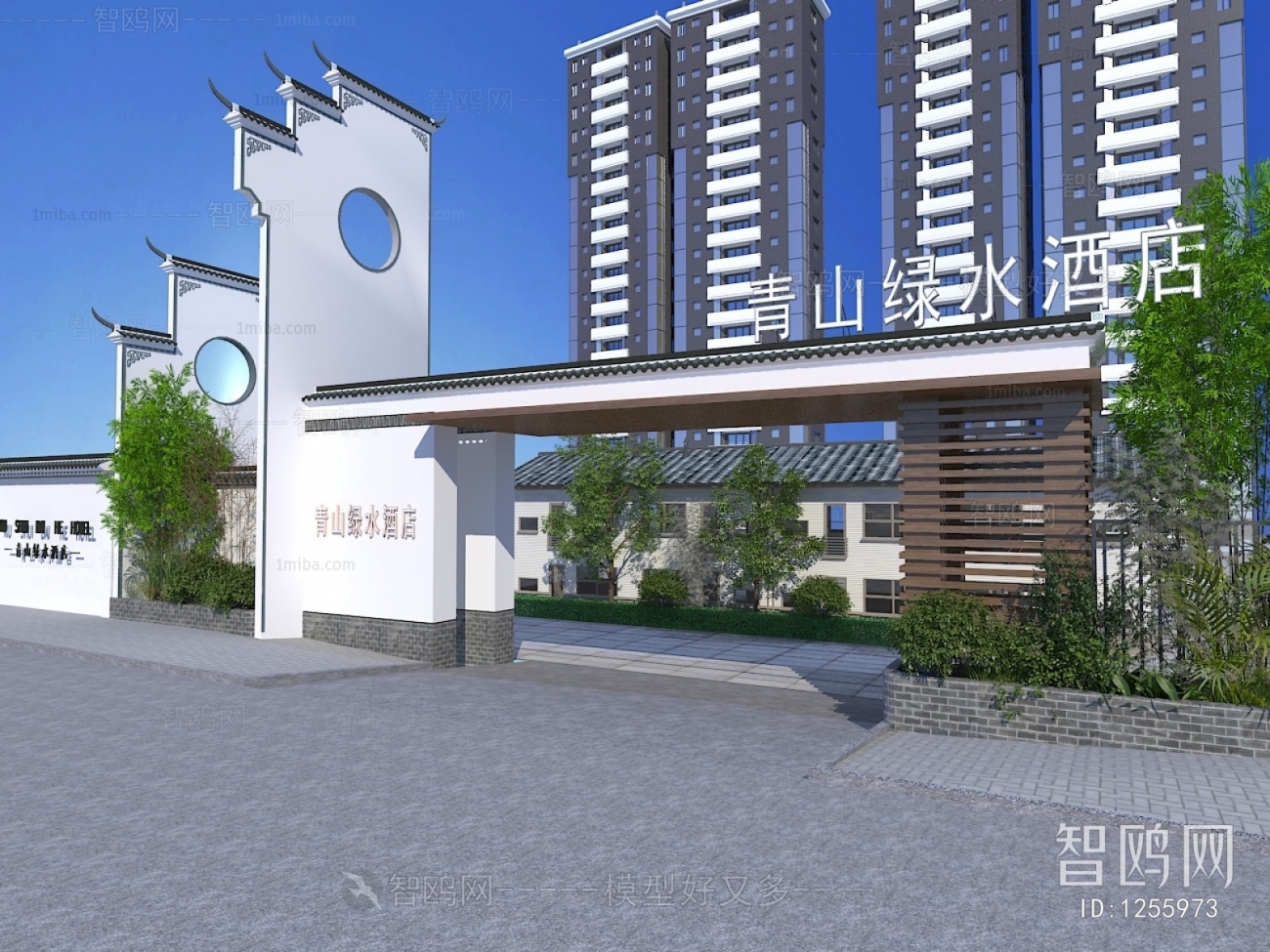 新中式酒店入口门头3d模型下载