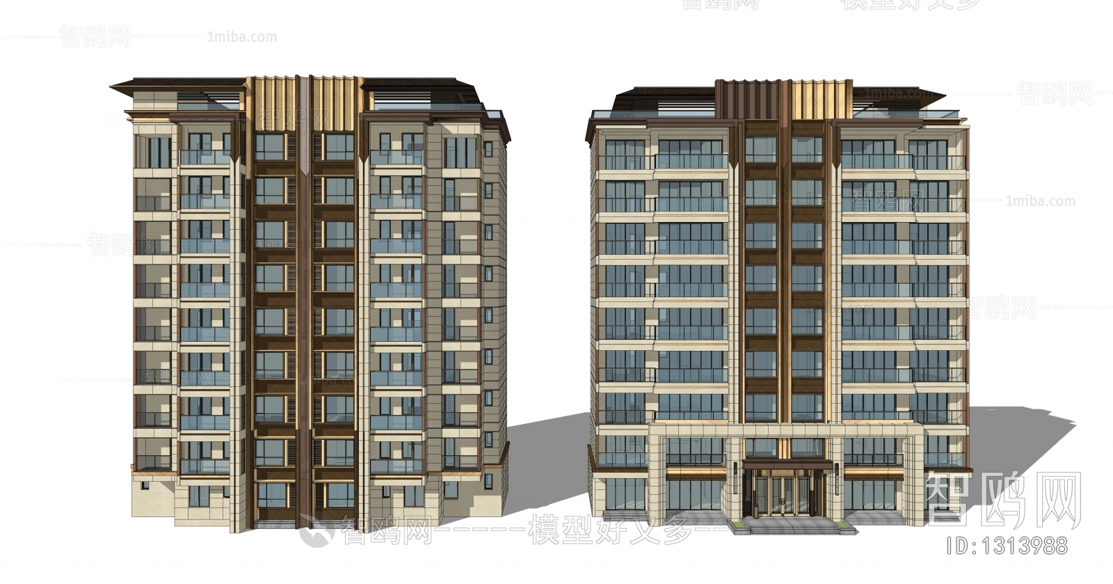 新中式多层住宅楼建筑外观3d模型下载