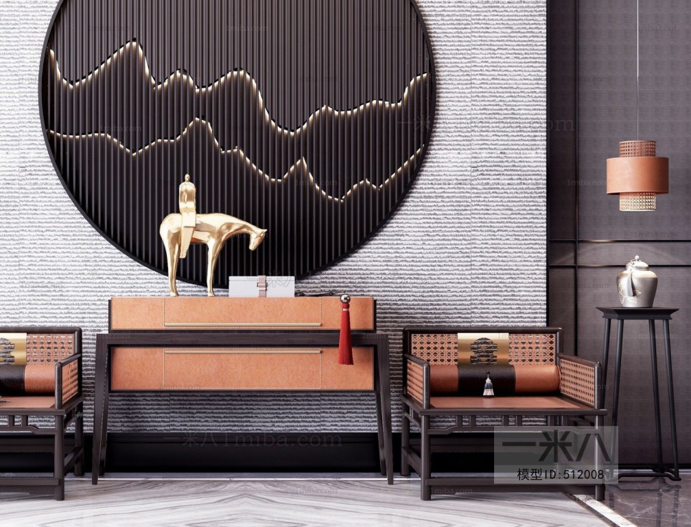 新中式休闲休闲桌椅背景墙组合