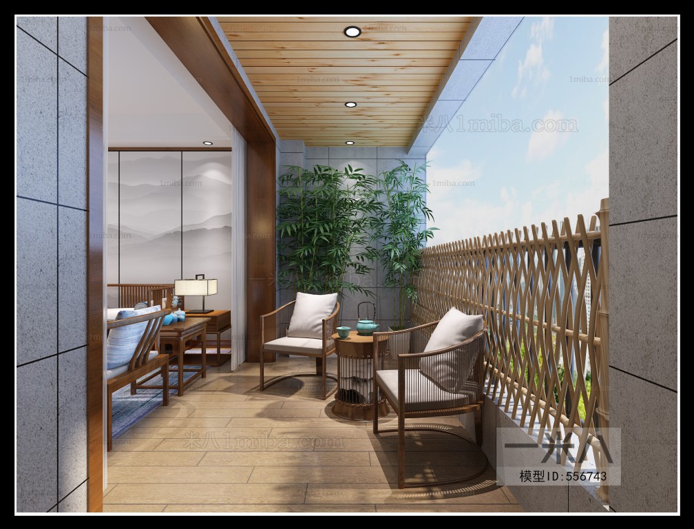 多场景-新中式客厅+茶室+阳台