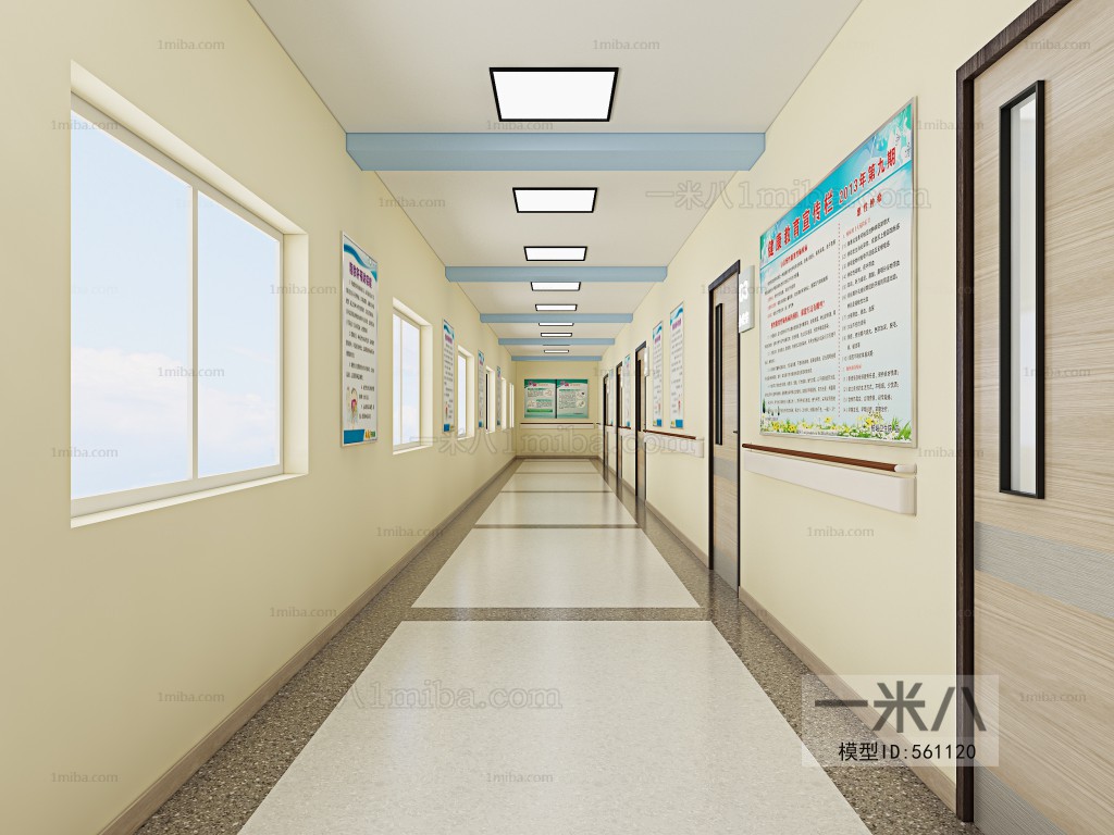 多场景-现代医院护士站+走廊+病床