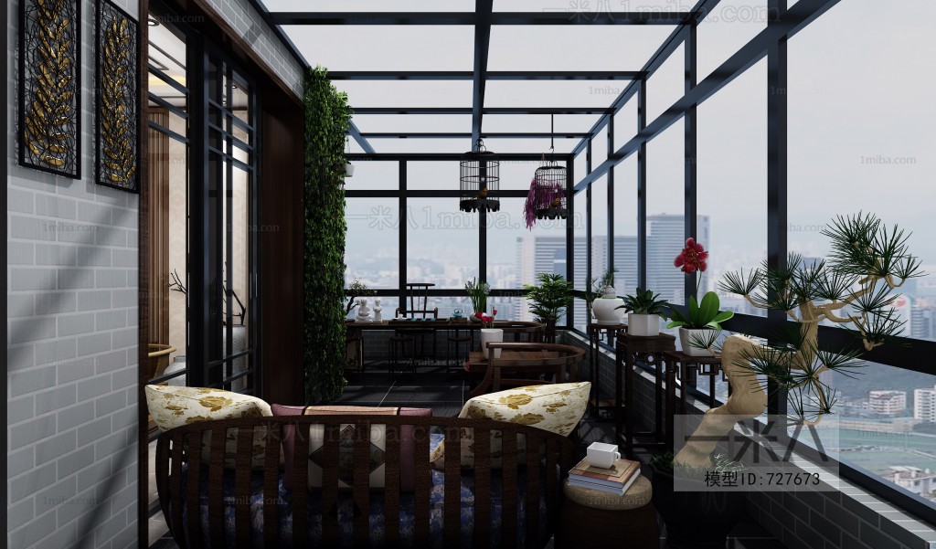 多场景-新中式客厅+阳台+餐厅