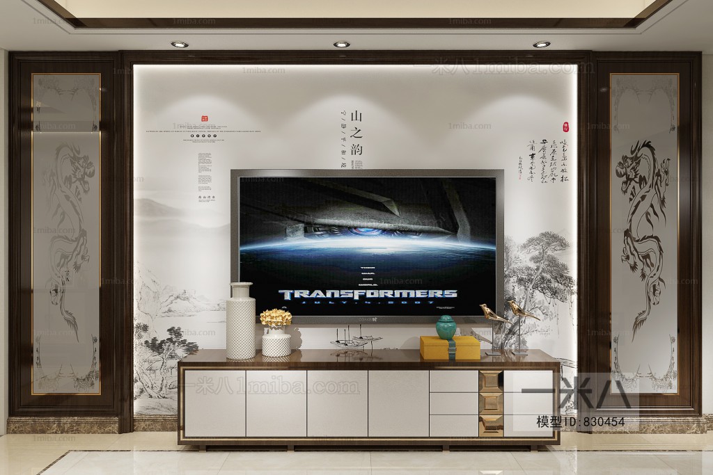 新中式电视柜背景墙组合