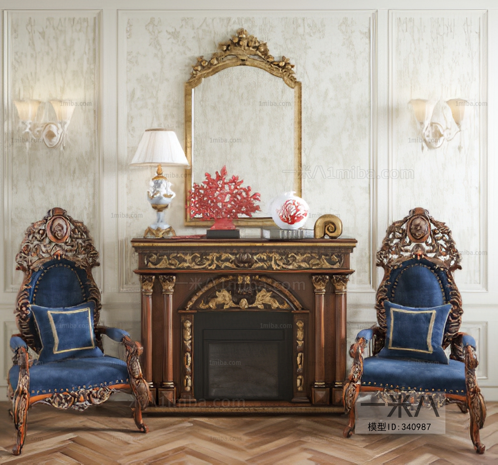 欧式古典雕花壁炉休闲椅台灯壁灯摆件组合