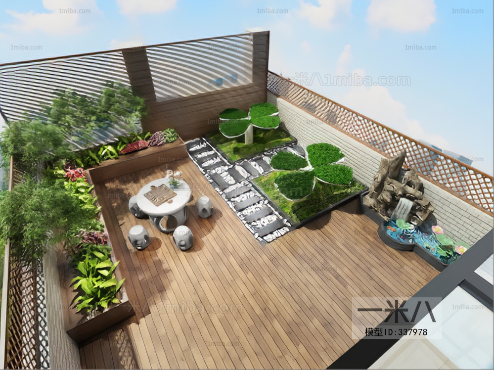 新中式阳台花园盆栽组合