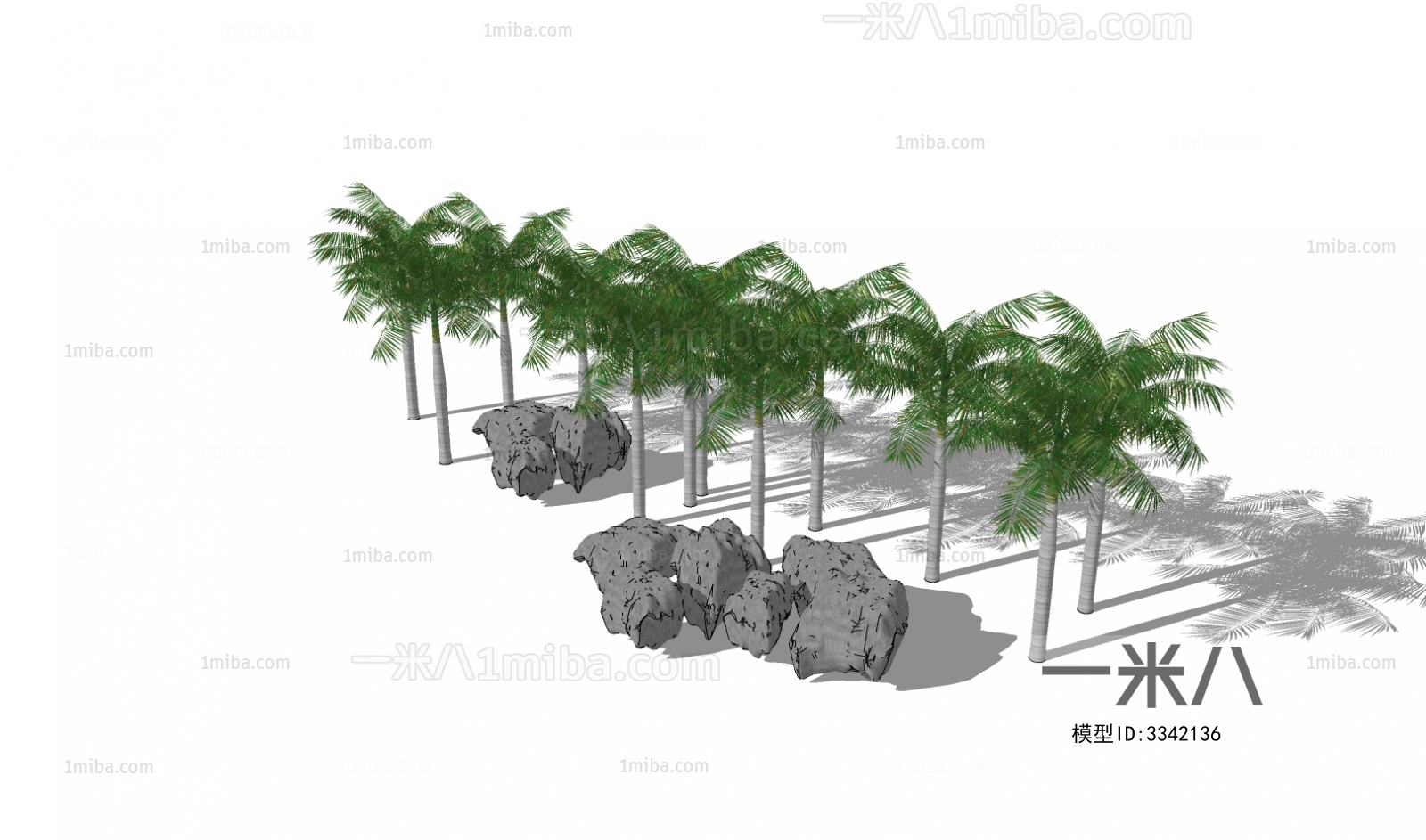 现代3D棕榈树石头组合