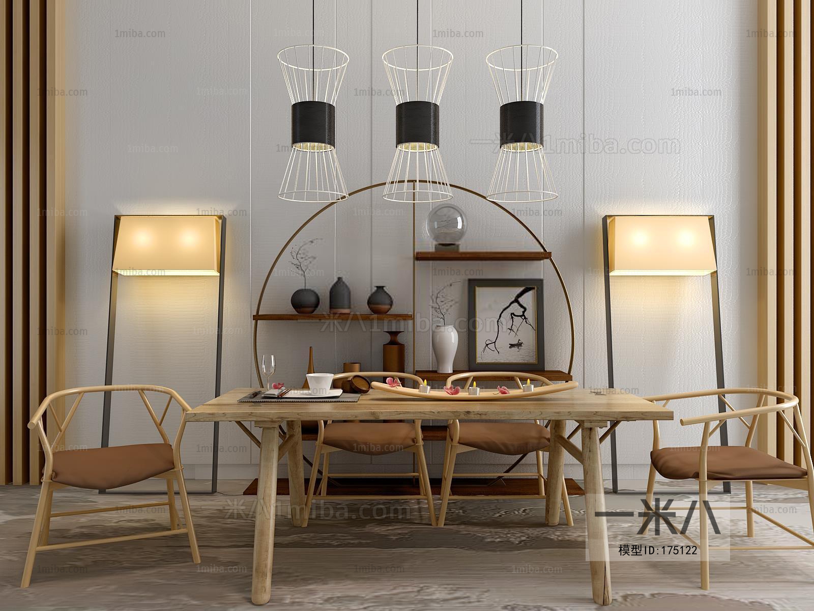新中式原木餐休闲桌椅灯具柜子组合