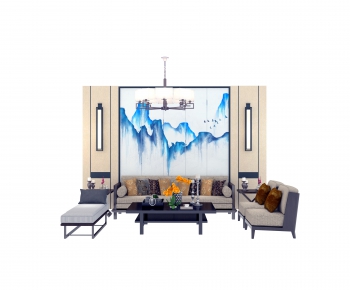 新中式沙发茶几背景墙组合-ID:292081736