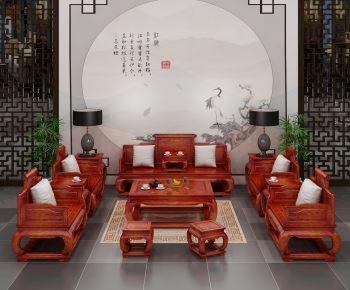 中式沙发茶几背景墙组合-ID:511427479