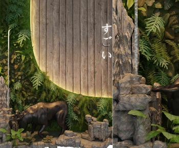 日式景观假山石头水池植物墙-ID:237500733