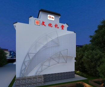 新中式夜景文化礼堂镂空背景墙-ID:914089986