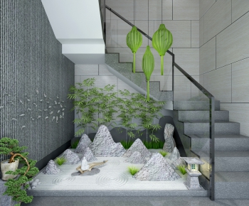 新中式楼梯间山水松树景观-ID:550897999