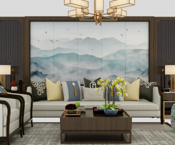 新中式沙发茶几背景墙组合-ID:370308745