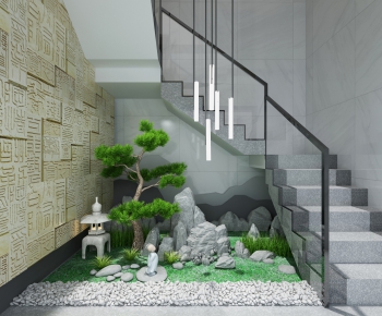 新中式楼梯间山水松树景观-ID:988249295