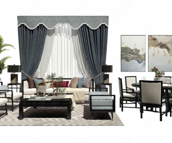 新中式沙发茶几餐桌椅挂画窗帘植物组合-ID:413880165