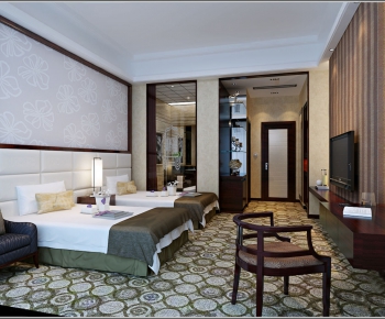 现代中式酒店宾馆标准间客房卧室-ID:122350898