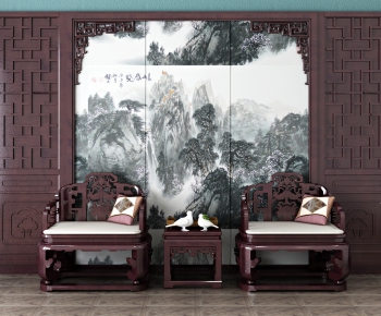 新中式单人沙发边几/角几背景墙组合-ID:554774268