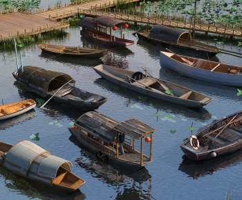 中式小木船乌篷船池塘荷花池园林景观-ID:689241144