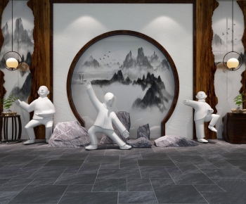 新中式中式背景墙人物雕塑摆件-ID:784347444