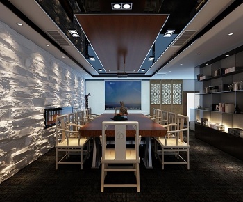 新中式办公会议室餐桌椅3D模型