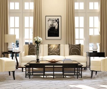 现代美式客厅三人沙发茶几3D模型