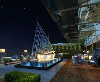 酒店露台帆船模型水景休息区庭院/景观3D模型