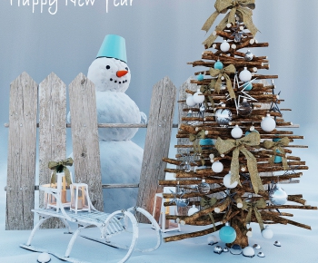 现代乡村圣诞节装饰品摆件滑雪车旧木栏杆雪人装饰树干树枝-ID:833585136