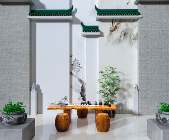 新中式禅意马头背景墙茶桌椅-ID:186365323