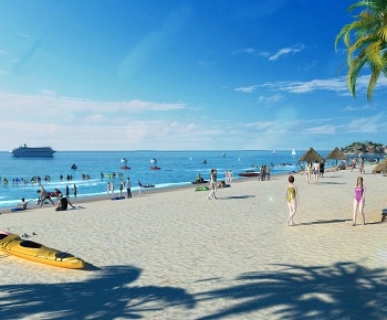 现代海滩沙滩比基尼游艇景观3D模型