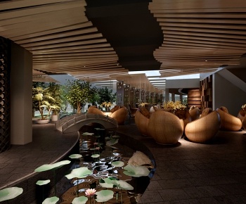 新中式庭院/景观水景荷花荷叶3D模型