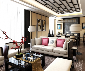 现代新中式客厅三人沙发组合沙发茶几花艺-ID:117032866