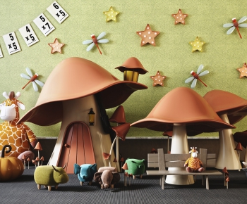 现代儿童蘑菇房动物矮凳玩具装饰组合-ID:799048653