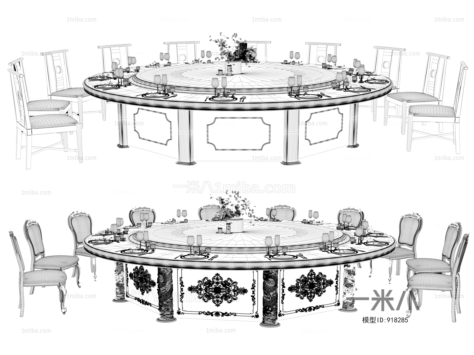 欧式雕花圆形大餐桌椅