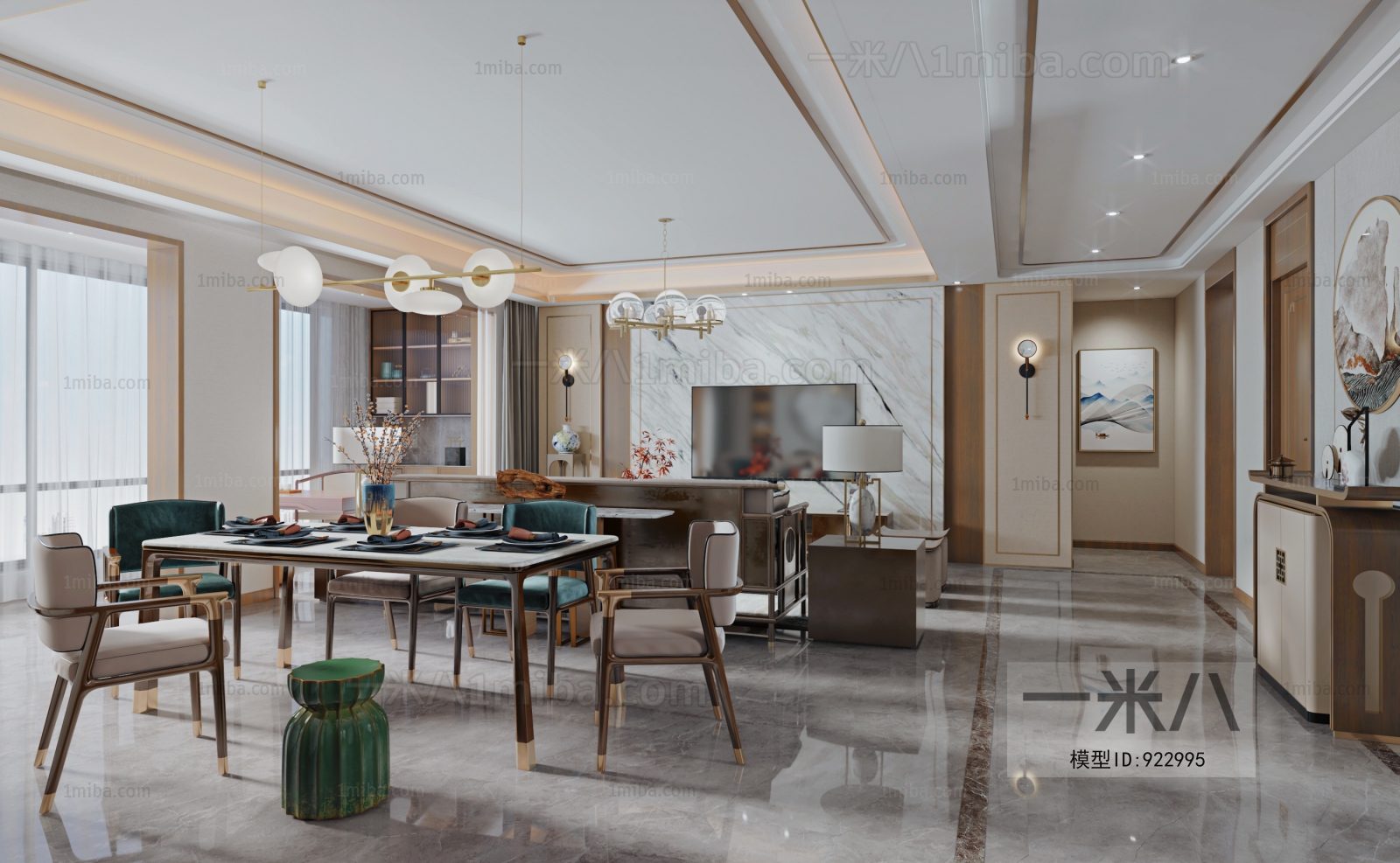 多场景-新中式轻奢客厅+餐厅+玄关过道3D模型下载