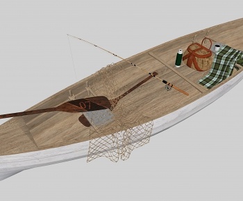 現代漁船魚竿劃槳魚簍組合-ID:993484