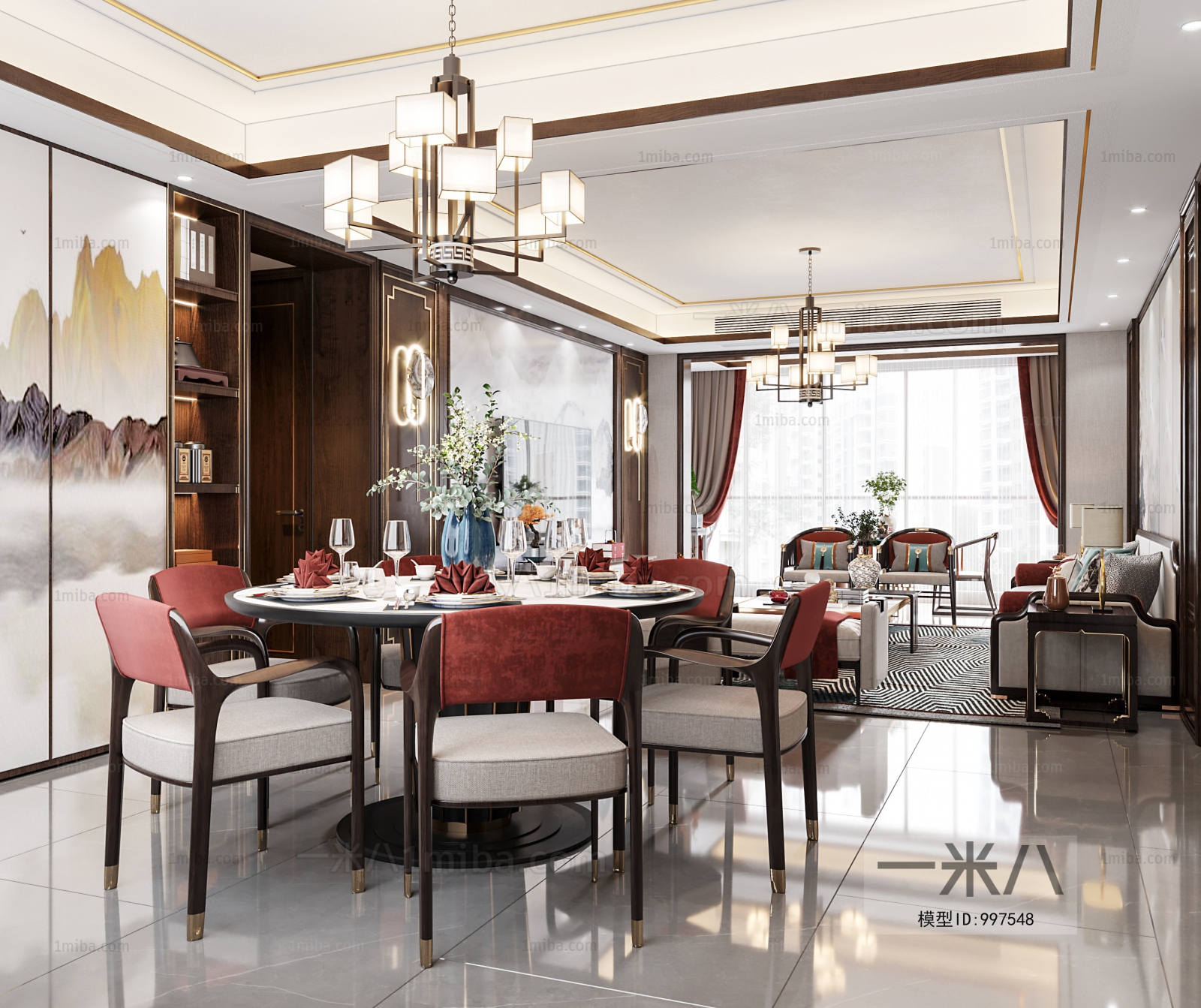 新中式轻奢客厅餐厅3D模型下载