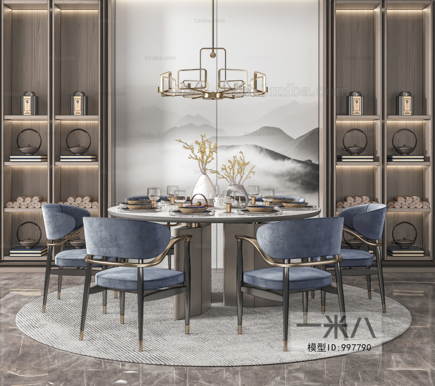 新中式轻奢圆形餐桌椅组合