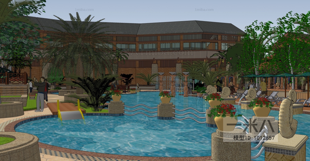 新中式酒店游泳池园林景观