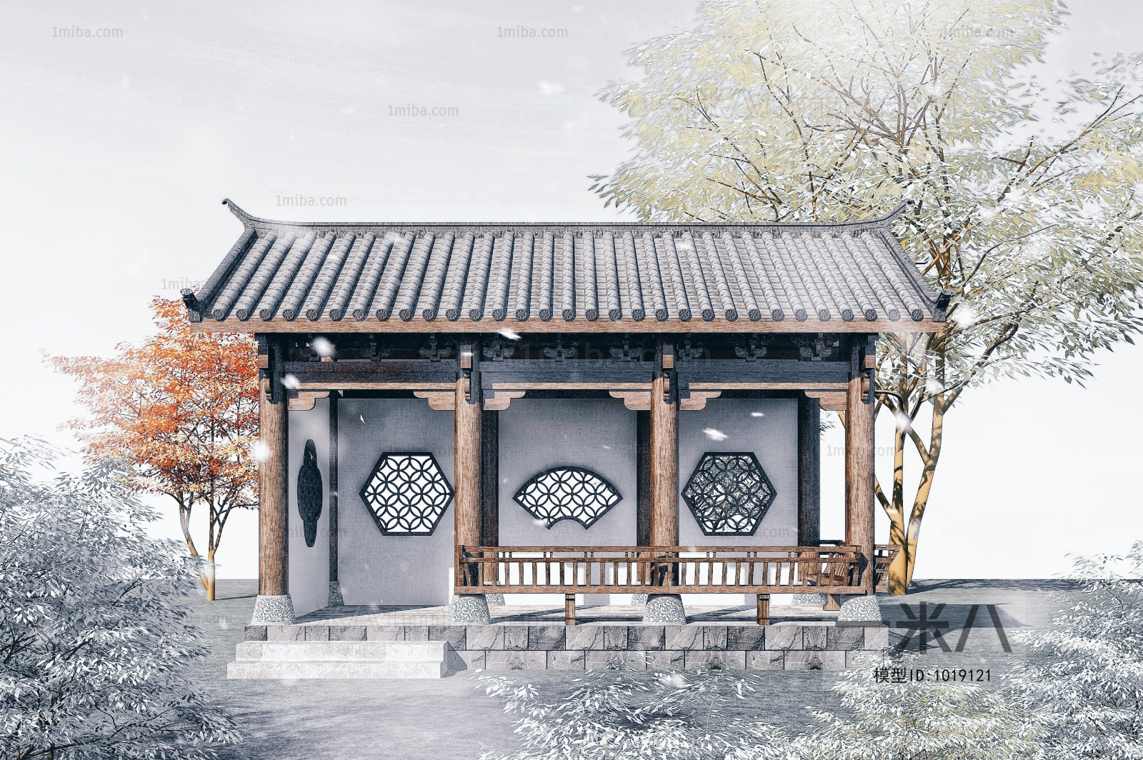 中式木结构青瓦白墙亭子