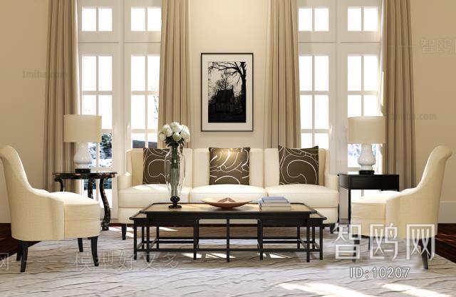 现代美式客厅三人沙发茶几