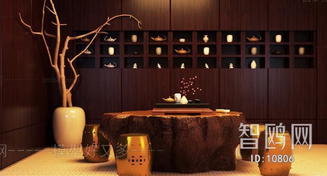 中式树根茶凳茶桌