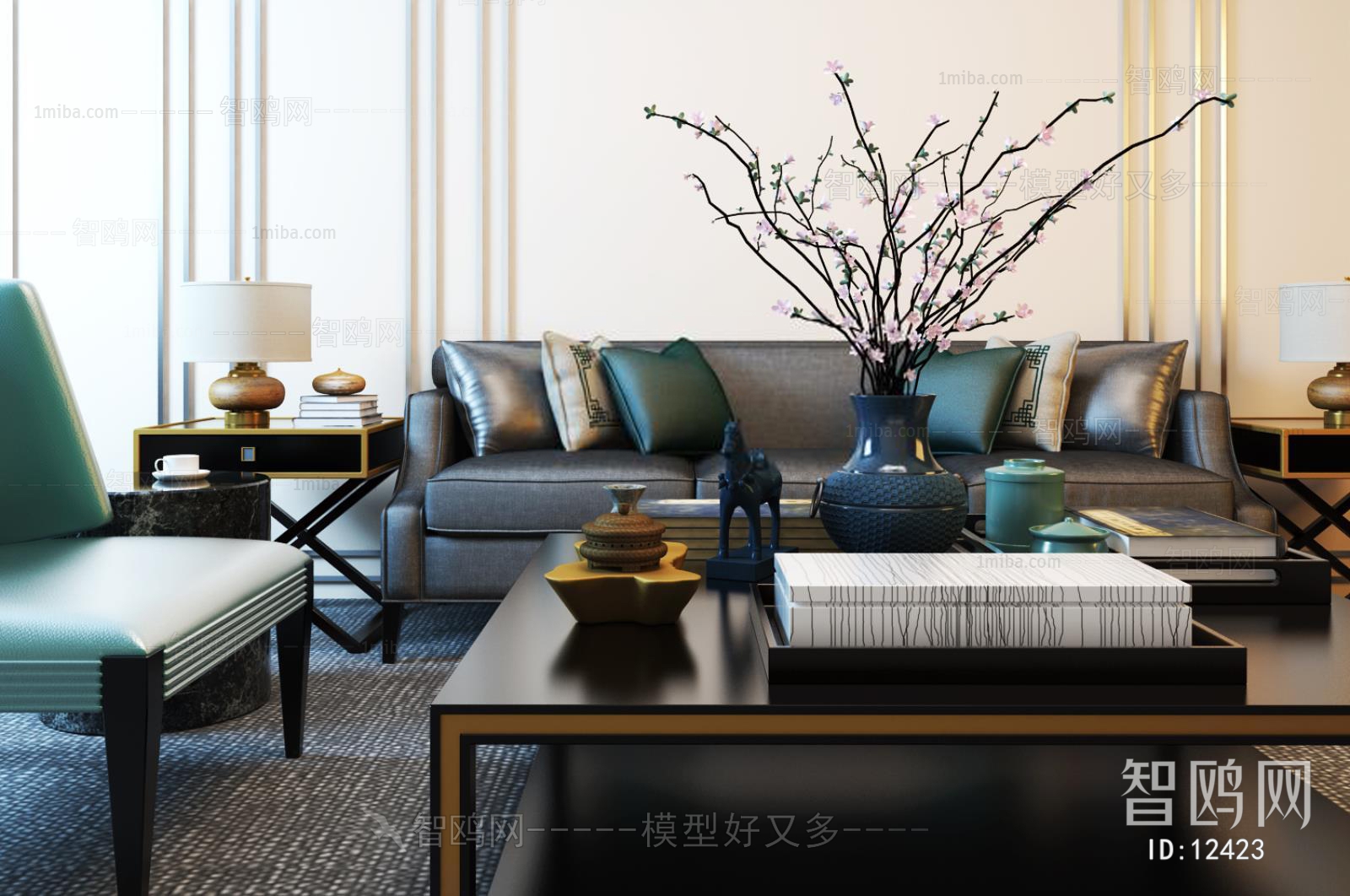 现代新中式客厅三人沙发茶几花艺