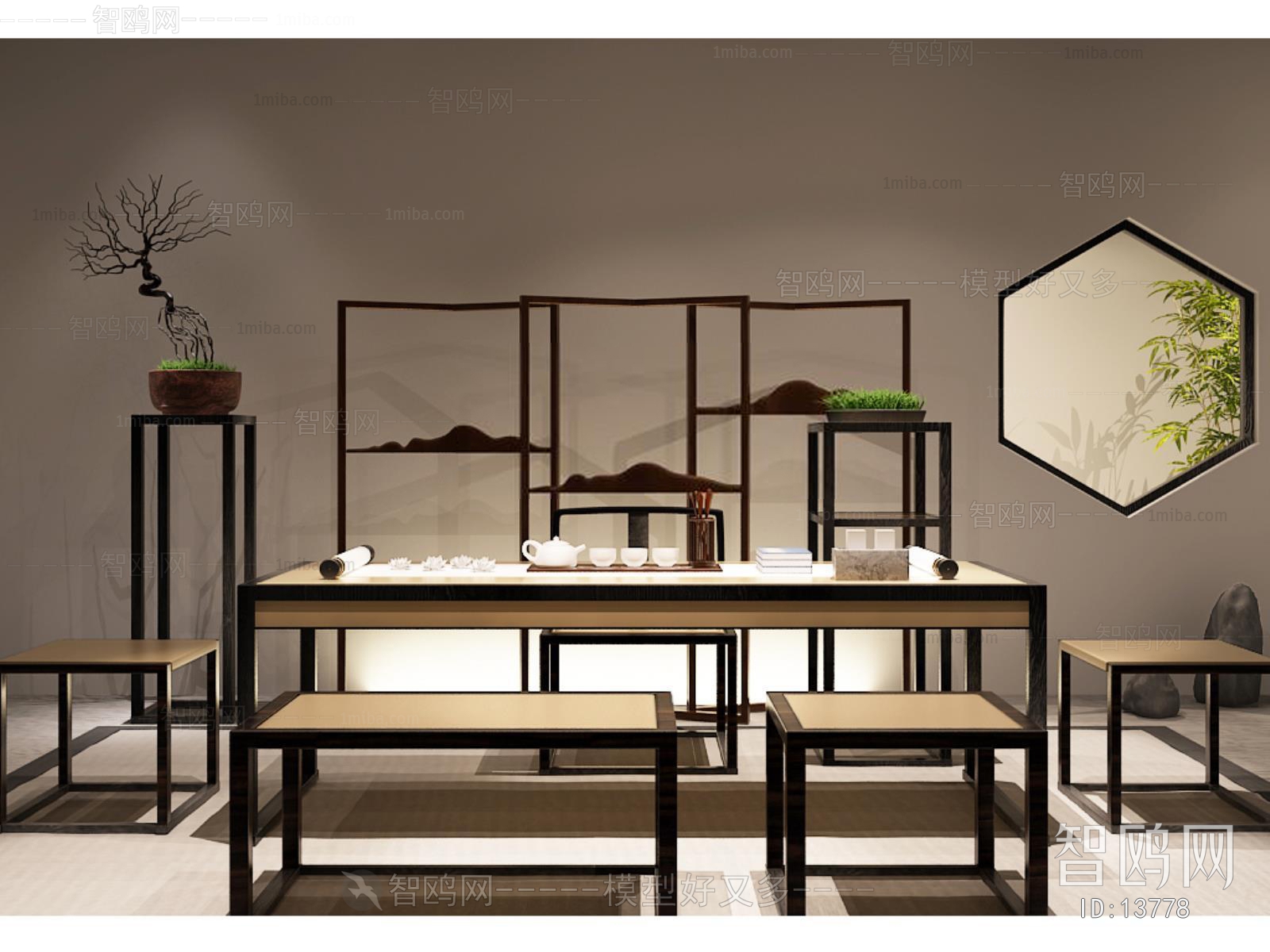 现代新中式品茶室书桌椅