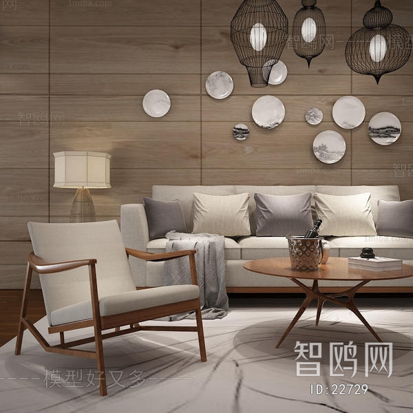 现代新中式客厅单椅三人沙发