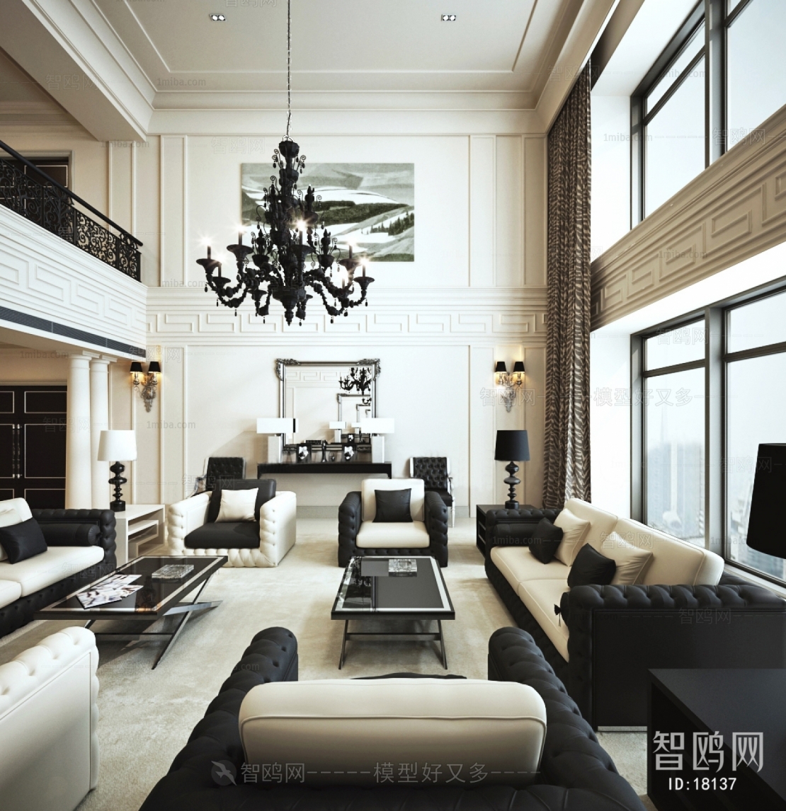 美式新古典挑空别墅客厅单人沙发双人沙发