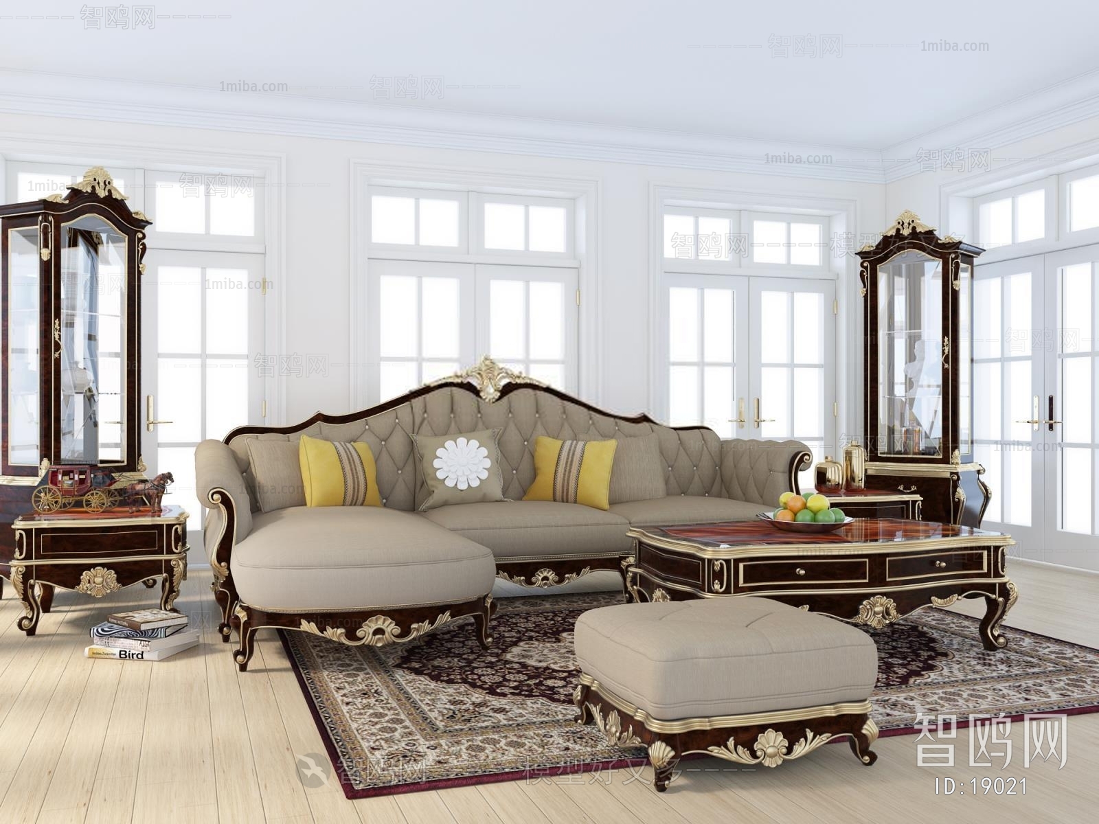 欧式新古典客厅多人沙发茶几脚凳