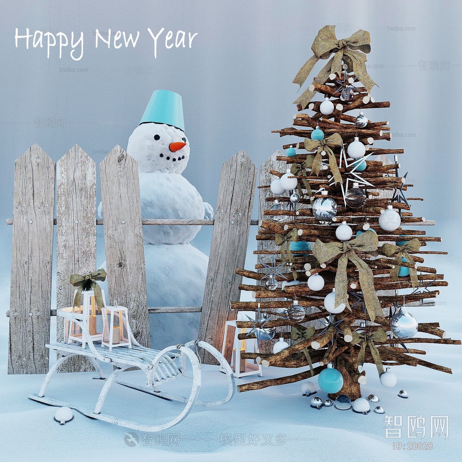 现代乡村圣诞节装饰品摆件滑雪车旧木栏杆雪人装饰树干树枝