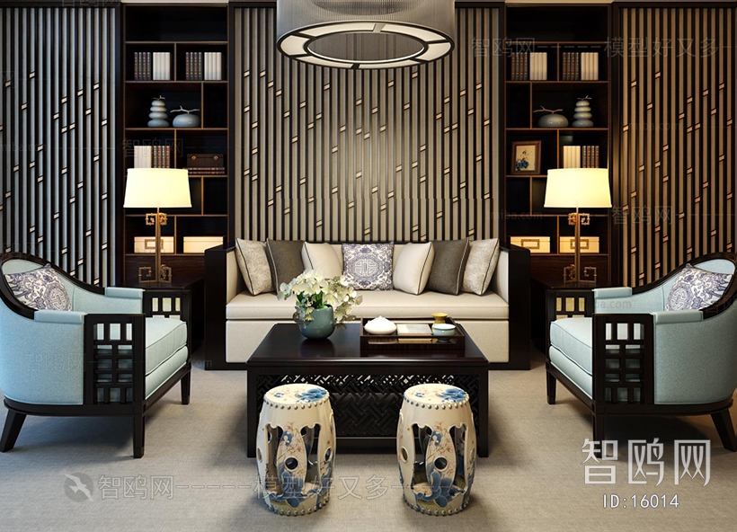 新中式客厅单人沙发多人沙发组合沙发茶几